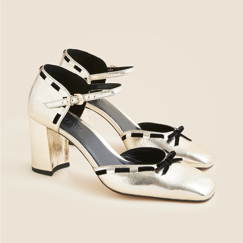 J Crew Maisie bow heels in metallic crinkle leather CP059